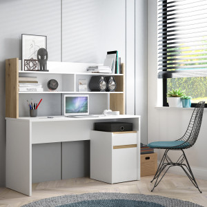 Surmeuble de bureau L. 140 cm rangements 2 niches 1 étagère blanc mat et décor bois de chêne - ODYSSÉE