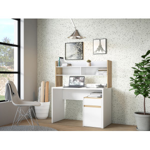 Bureau  L. 110 cm 1 tiroir 1 porte 1 tablette 1 étagère 2 niches blanc mat et décor bois de chêne - ODYSSÉE