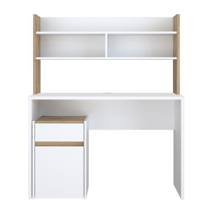 Bureau  L. 110 cm 1 tiroir 1 porte 1 tablette 1 étagère 2 niches blanc mat et décor bois de chêne - ODYSSÉE