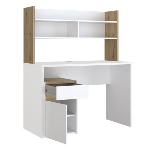 Bureau  L. 110 cm 1 tiroir 1 porte 1 tablette 1 étagère 2 niches blanc mat et décor bois de chêne - ODYSSÉE