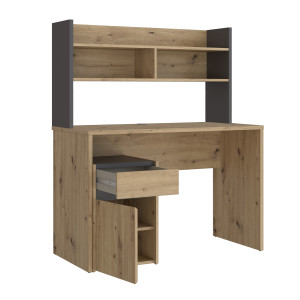 Bureau L. 110 cm 1 tiroir 1 porte 1 tablette 1 étagère 2 niches décor bois de chêne rustique et gris foncé mat - ODYSSÉE