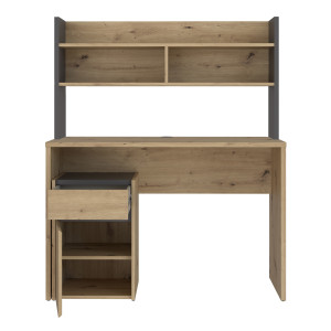 Bureau L. 110 cm 1 tiroir 1 porte 1 tablette 1 étagère 2 niches décor bois de chêne rustique et gris foncé mat - ODYSSÉE