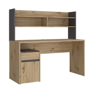Bureau L. 140 cm 1 tiroir 1 porte 1 tablette 1 étagère 2 niches décor bois de chêne rustique et gris foncé mat - ODYSSÉE
