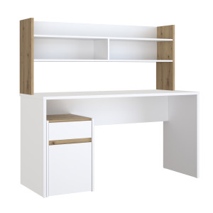 Bureau  L. 140 cm 1 tiroir 1 porte 1 tablette 1 étagère 2 niches blanc mat et décor bois de chêne - ODYSSÉE