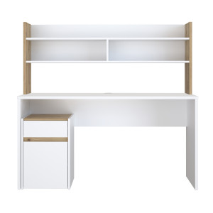 Bureau  L. 140 cm 1 tiroir 1 porte 1 tablette 1 étagère 2 niches blanc mat et décor bois de chêne - ODYSSÉE