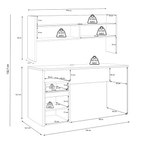 Bureau  L. 140 cm 1 tiroir 1 porte 1 tablette 1 étagère 2 niches blanc mat et décor bois de chêne - ODYSSÉE