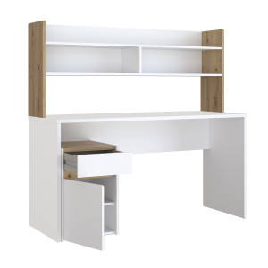 Bureau  L. 140 cm 1 tiroir 1 porte 1 tablette 1 étagère 2 niches blanc mat et décor bois de chêne - ODYSSÉE