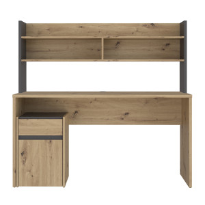 Bureau L. 140 cm 1 tiroir 1 porte 1 tablette 1 étagère 2 niches décor bois de chêne rustique et gris foncé mat - ODYSSÉE