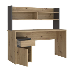 Bureau L. 140 cm 1 tiroir 1 porte 1 tablette 1 étagère 2 niches décor bois de chêne rustique et gris foncé mat - ODYSSÉE