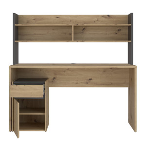 Bureau L. 140 cm 1 tiroir 1 porte 1 tablette 1 étagère 2 niches décor bois de chêne rustique et gris foncé mat - ODYSSÉE