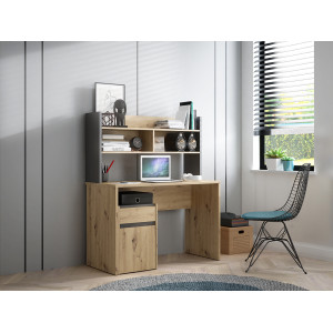 Bureau L. 140 cm 1 tiroir 1 porte 1 tablette 1 étagère 2 niches décor bois de chêne rustique et gris foncé mat - ODYSSÉE