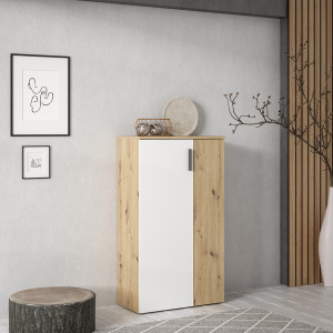 Armoire Meuble à Chaussures 2 Portes 5 tablettes Décor Bois de chêne rustique et blanc mat – Rangement – AMELIE