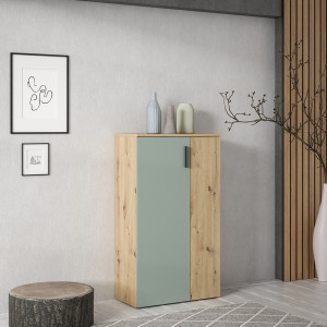 Armoire Meuble à Chaussures 2 Portes 5 tablettes Décor Bois de chêne rustique et vert sauge – Rangement – AMELIE