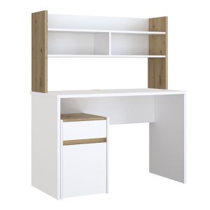BureauL. 110 cm 1 tiroir 1 porte 1 tablette 1 étagère 2 niches blanc mat et décor bois de chêne - ODYSSÉE