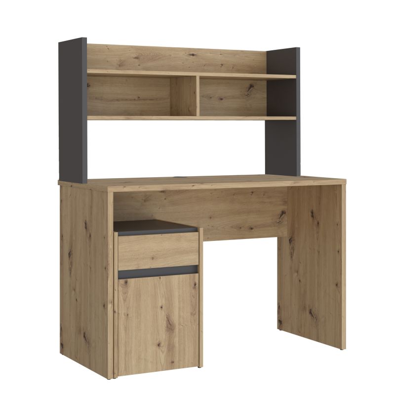 Bureau L. 110 cm 1 tiroir 1 porte 1 tablette 1 étagère 2 niches décor bois de chêne rustique et gris foncé mat - ODYSSÉE