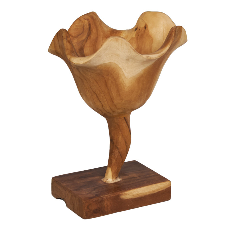 Sculpture fleur H. 30 cm style tulipe en racines de bois de teck bicolore avec socle – décoration design naturel – RHEA