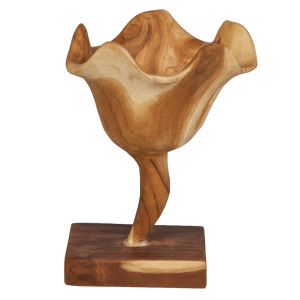 Sculpture fleur H. 30 cm style tulipe en racines de bois de teck bicolore avec socle – décoration design naturel – RHEA