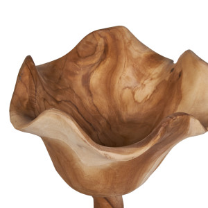 Sculpture fleur H. 30 cm style tulipe en racines de bois de teck bicolore avec socle – décoration design naturel – RHEA