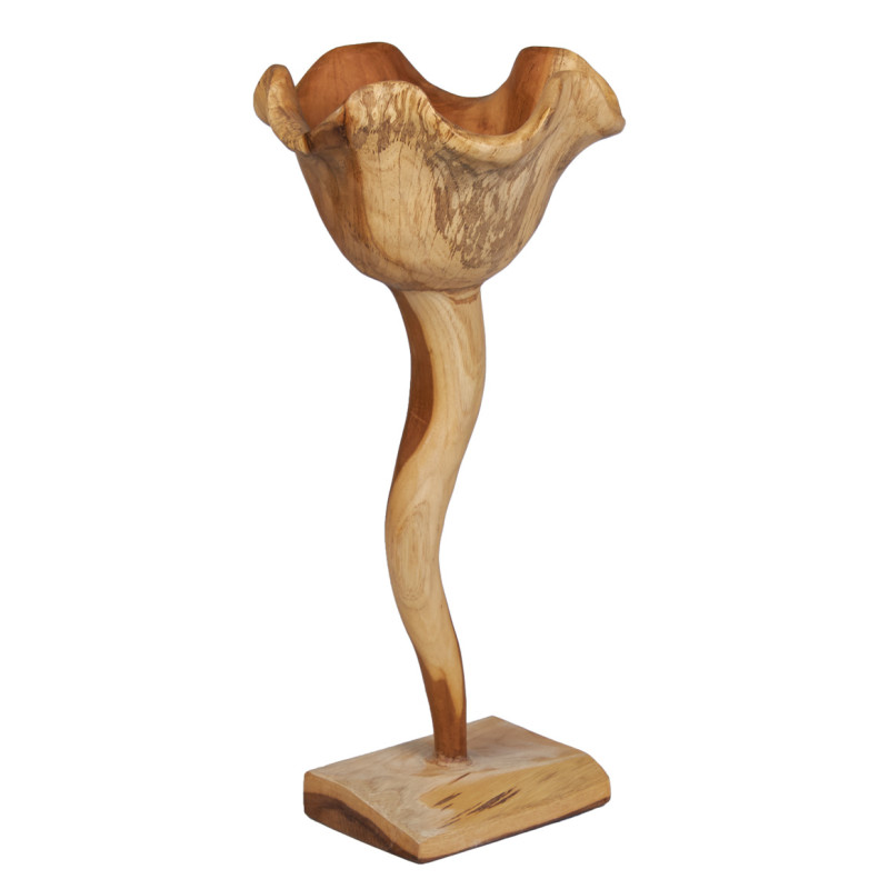 Sculpture fleur H. 50 cm style tulipe en racines de bois de teck bicolore avec socle – décoration design naturel –RHEA