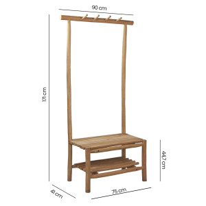 Portant / meuble d’entrée / porte manteau H. 171 cm 1 assise 4 crochets 1 niche pour chaussures en bois de teck clair – NIO