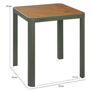 Table de Jardin Carré L. 70 cm en Métal Vert avec Lattes du Plateau Effet Bois - ARLO 9520