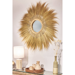 Miroir mural rond 116 cm en herbe de pampa style floral et plume – décoration naturelle  - SOLEA