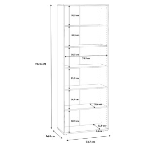 Bibliothèque / Étagère H. 198 x L. 74 cm Décor Blanc avec 5 Étagères et 4 à Hauteur Réglable - MARIA