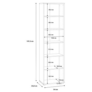 Bibliothèque / Étagère H. 198 x L. 54 cm Décor Blanc avec 5 Étagères et 4 à Hauteur Réglable - MARIA