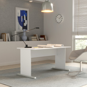 Bureau L. 144 cm Décor Blanc avec Piètement Effet Aluminium et Voile de Courtoisie - MARIA