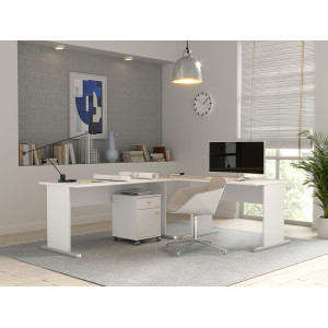 Bureau L. 144 cm Décor Blanc avec Piètement Effet Aluminium et Voile de Courtoisie - MARIA