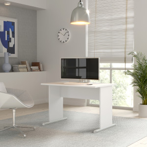 Bureau L. 108 cm Décor Blanc avec Piètement Effet Aluminium et Voile de Courtoisie - MARIA