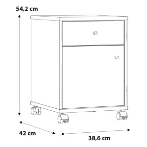 Caisson sur Roulettes H. 54 cm Décor Blanc avec 1 Tiroir et 1 Porte Poignées Effet Aluminium - MARIA