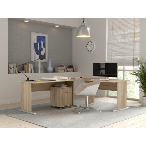 Bureau L. 144 cm Décor Chêne Sonoma avec Piètement Effet Aluminium et Voile de Courtoisie - MARIA