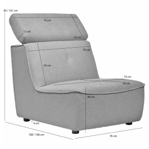 Module Chauffeuse pour Canapé Composable et Modulable en Tissu Gris Clair Capitonné avec Passepoil et Têtières Amovibles - RYAN