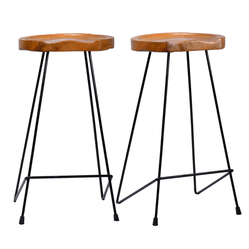 Lot de 2 tabourets de bar H. 75 cm assise ronde en bois de teck pieds et repose-pied métal noir industriel – REAVER