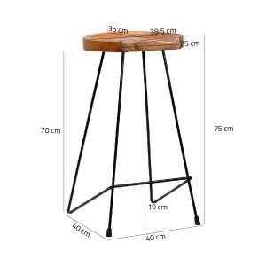 Lot de 2 tabourets de bar H. 75 cm assise ronde en bois de teck pieds et repose-pied métal noir industriel – REAVER