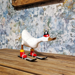 Statuette décorative H. 18 cm canard skieur blanc en bois de teck – original et rustique – DONNY