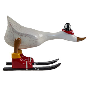 Statuette décorative H. 18 cm canard skieur blanc en bois de teck – original et rustique – DONNY