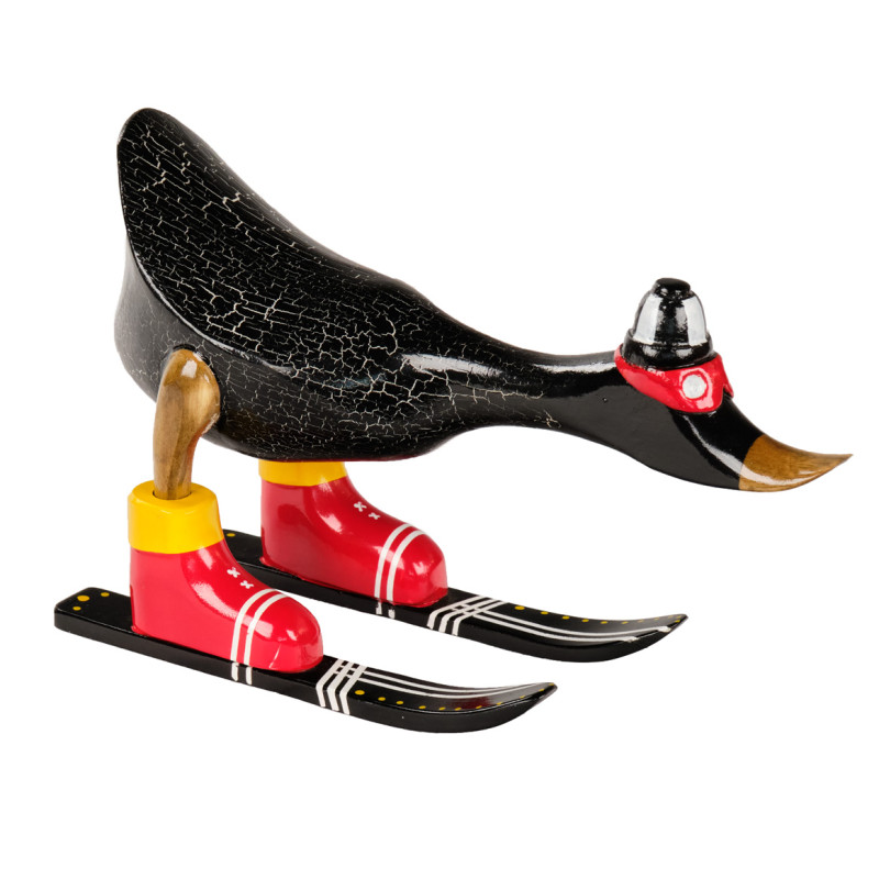 Statuette décorative H. 18 cm canard skieur noir en bois de teck – original et rustique – DONNY