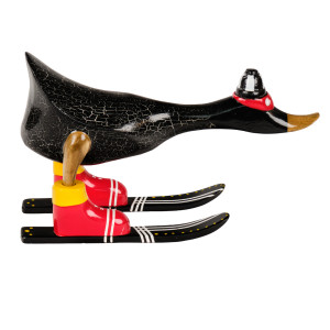 Statuette décorative H. 18 cm canard skieur noir en bois de teck – original et rustique – DONNY