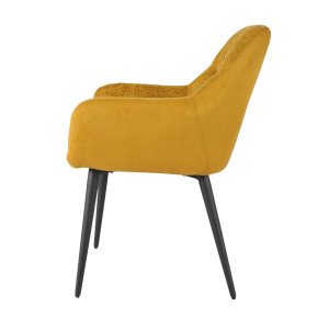 Chaise de repas avec accoudoirs en microfibre texturé doux couleur jaune moutarde et pieds métal noir - ATLANTA