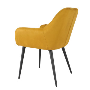 Chaise de repas avec accoudoirs en microfibre texturé doux couleur jaune moutarde et pieds métal noir - ATLANTA