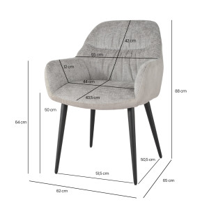 Chaise de repas avec accoudoirs en microfibre texturé doux couleur gris clair et pieds métal noir - ATLANTA