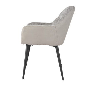 Chaise de repas avec accoudoirs en microfibre texturé doux couleur gris clair et pieds métal noir - ATLANTA