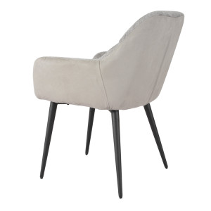 Chaise de repas avec accoudoirs en microfibre texturé doux couleur gris clair et pieds métal noir - ATLANTA