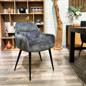 Chaise de repas fauteuil avec accoudoirs en microfibre texturé doux couleur gris anthracite et pieds métal noir - ATLANTA