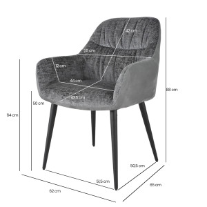 Chaise de repas fauteuil avec accoudoirs en microfibre texturé doux couleur gris anthracite et pieds métal noir - ATLANTA