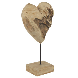 Sculpture Artisanale H. 39 cm Cœur en Bois de Teck Massif avec Socle en Bois - Naturel et Exotique - JUDITH 1