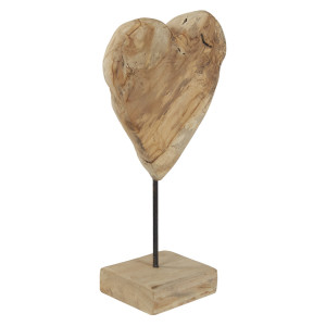 Sculpture Artisanale H. 39 cm Cœur en Bois de Teck Massif avec Socle en Bois - Naturel et Exotique - JUDITH 1