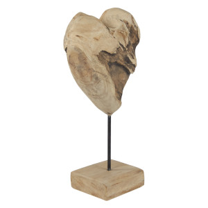 Sculpture Artisanale H. 39 cm Cœur en Bois de Teck Massif avec Socle en Bois - Naturel et Exotique - JUDITH 1